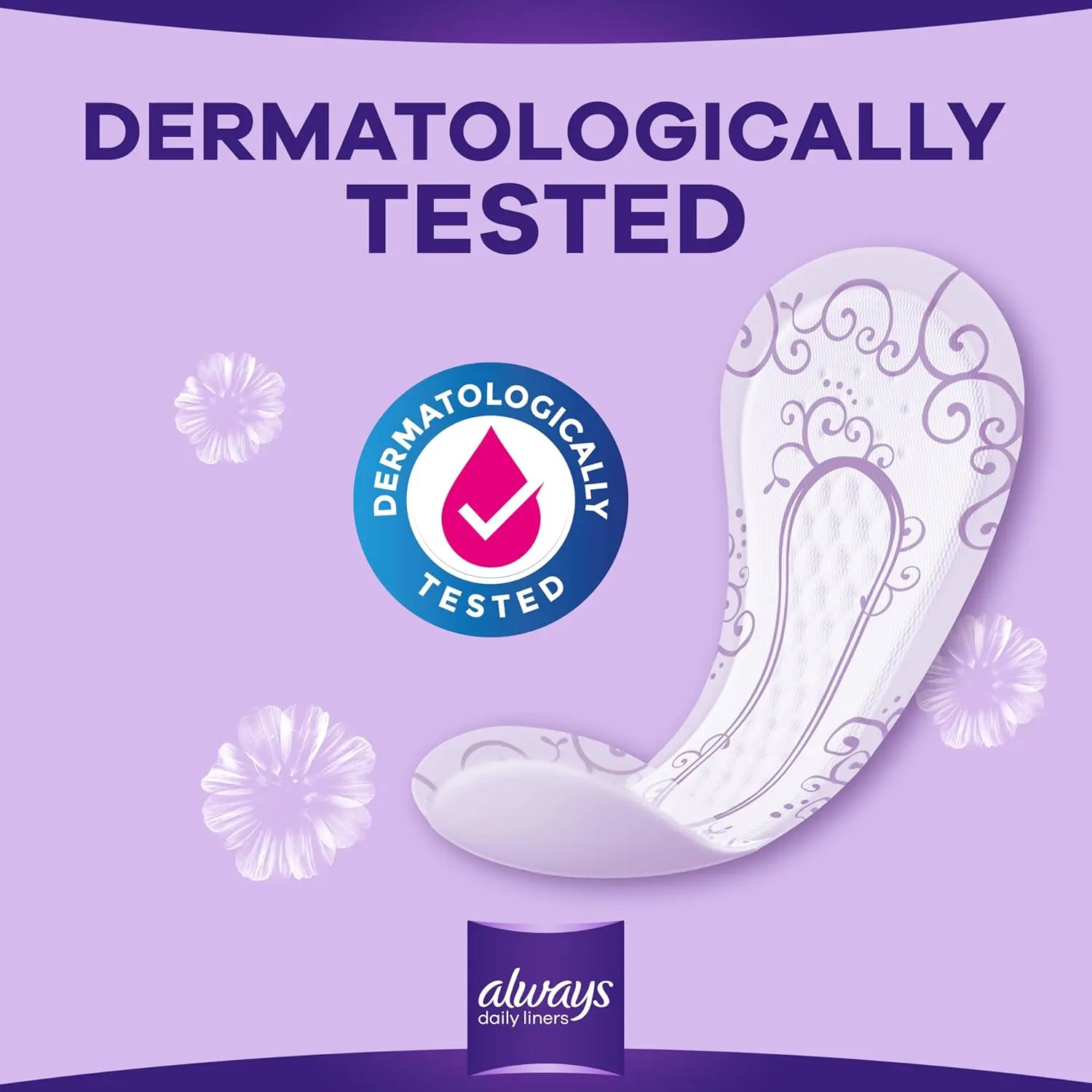 Always Daily Liners Extra Protect Large pantyliners provide up to 100% odor protection with odor neutralizing technology, side protection zones for improved leakage protection, and a soft top sheet for added absorption, comfort, and softness, all dermatologically tested to be gentle on skin.