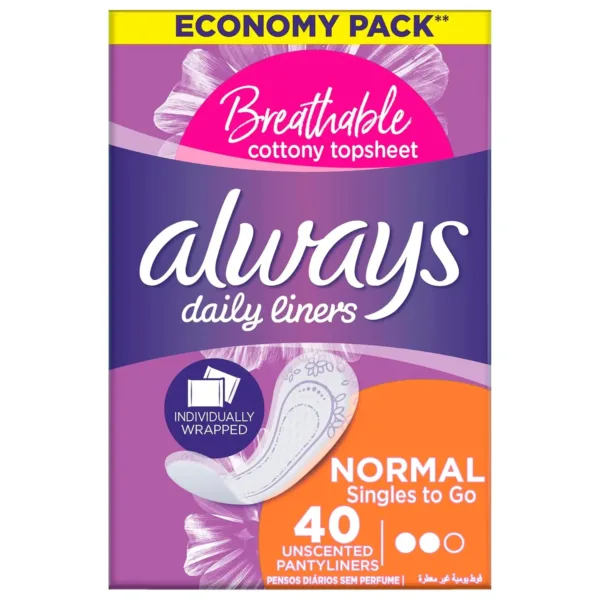 Always Daily Liners Extra Protect Large pantyliners provide up to 100% odor protection with odor neutralizing technology, side protection zones for improved leakage protection, and a soft top sheet for added absorption, comfort, and softness, all dermatologically tested to be gentle on skin.