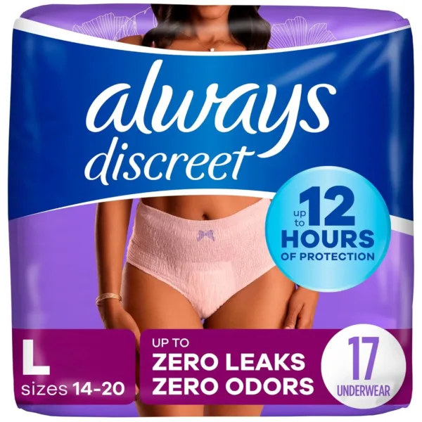 Always Discreet incontinence underwear for women in size large provides up to 12 hours of dryness protection with zero leaks and odors, featuring a super absorbent core and OdorLock technology in a cottony soft 4-way stretch fabric.
