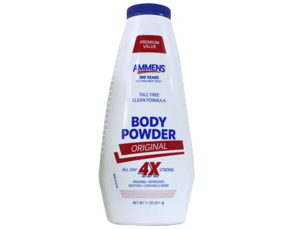 This is a 325 ml bottle of Ammens Medicated Powder in original formula, providing deodorant protection and relief from minor skin irritations and chafing, while helping to keep feet cool and dry.