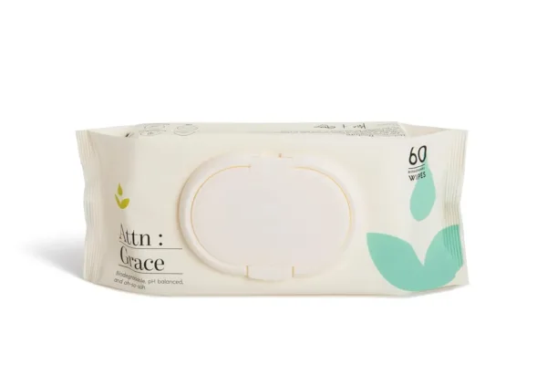 ATTN:GRACE soft and soothing wet wipes are plant-based and made for women with sensitive skin, featuring aloe vera and coconut oil to gently cleanse and restore.