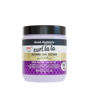 Aunt Jackie's Curl La La custard in a 426g jar defines and adds long-lasting bounce, shine, and definition to curls, spirals, and coils on wet or dry hair, with an eco-friendly, sulfate-free, and paraben-free formula.