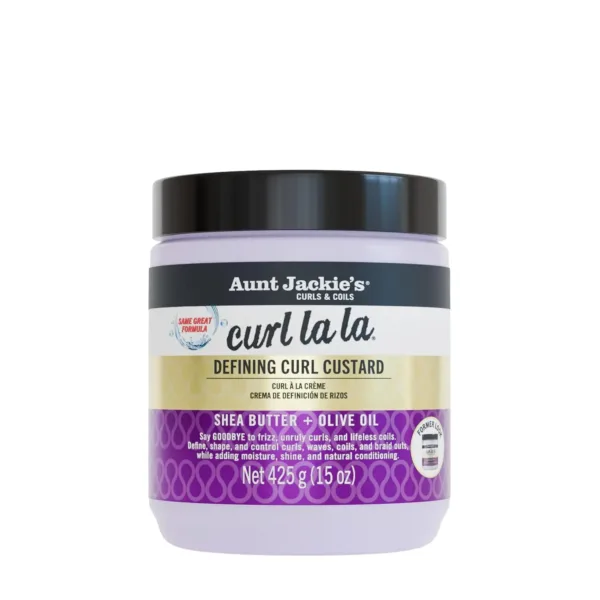 Aunt Jackie's Curl La La custard in a 426g jar defines and adds long-lasting bounce, shine, and definition to curls, spirals, and coils on wet or dry hair, with an eco-friendly, sulfate-free, and paraben-free formula.