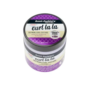 Aunt Jackie's Curl La La custard in a 426g jar defines and adds long-lasting bounce, shine, and definition to curls, spirals, and coils on wet or dry hair, with an eco-friendly, sulfate-free, and paraben-free formula.