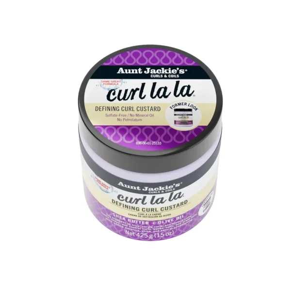 Aunt Jackie's Curl La La custard in a 426g jar defines and adds long-lasting bounce, shine, and definition to curls, spirals, and coils on wet or dry hair, with an eco-friendly, sulfate-free, and paraben-free formula.