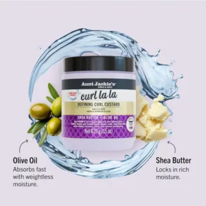 Aunt Jackie's Curl La La custard in a 426g jar defines and adds long-lasting bounce, shine, and definition to curls, spirals, and coils on wet or dry hair, with an eco-friendly, sulfate-free, and paraben-free formula.