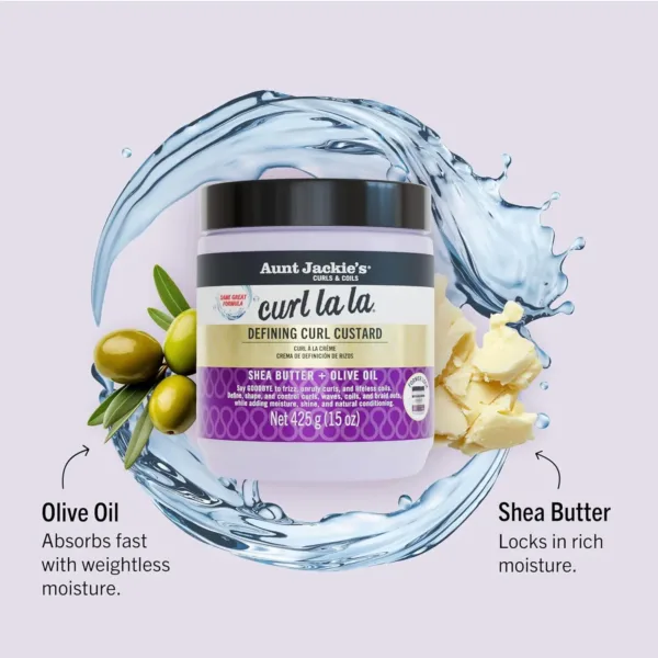 Aunt Jackie's Curl La La custard in a 426g jar defines and adds long-lasting bounce, shine, and definition to curls, spirals, and coils on wet or dry hair, with an eco-friendly, sulfate-free, and paraben-free formula.
