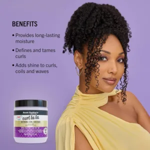 Aunt Jackie's Curl La La custard in a 426g jar defines and adds long-lasting bounce, shine, and definition to curls, spirals, and coils on wet or dry hair, with an eco-friendly, sulfate-free, and paraben-free formula.