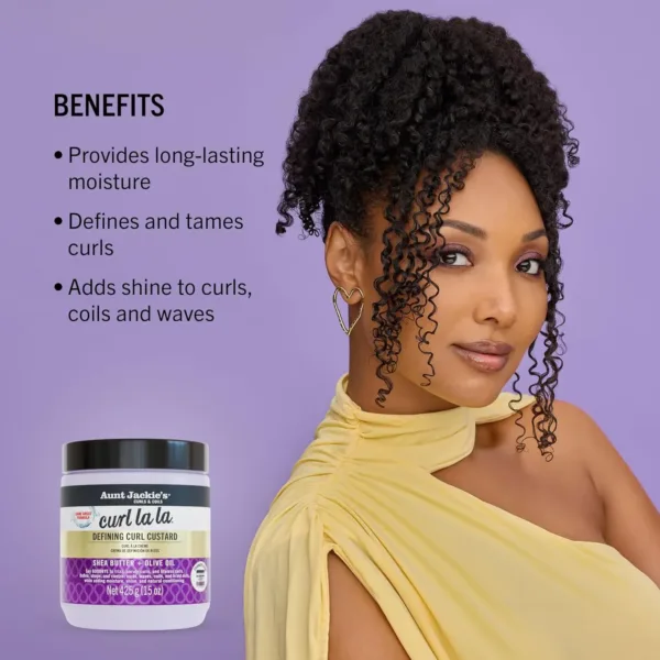 Aunt Jackie's Curl La La custard in a 426g jar defines and adds long-lasting bounce, shine, and definition to curls, spirals, and coils on wet or dry hair, with an eco-friendly, sulfate-free, and paraben-free formula.
