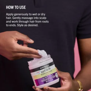 Aunt Jackie's Curl La La custard in a 426g jar defines and adds long-lasting bounce, shine, and definition to curls, spirals, and coils on wet or dry hair, with an eco-friendly, sulfate-free, and paraben-free formula.