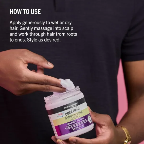 Aunt Jackie's Curl La La custard in a 426g jar defines and adds long-lasting bounce, shine, and definition to curls, spirals, and coils on wet or dry hair, with an eco-friendly, sulfate-free, and paraben-free formula.