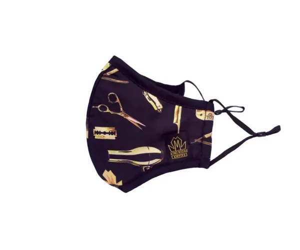The King Midas barber face mask is a reusable and adjustable cotton face cover designed for hair stylists, barbers, and pet groomers, featuring adjustable straps and nose wire for a comfortable and secure fit.