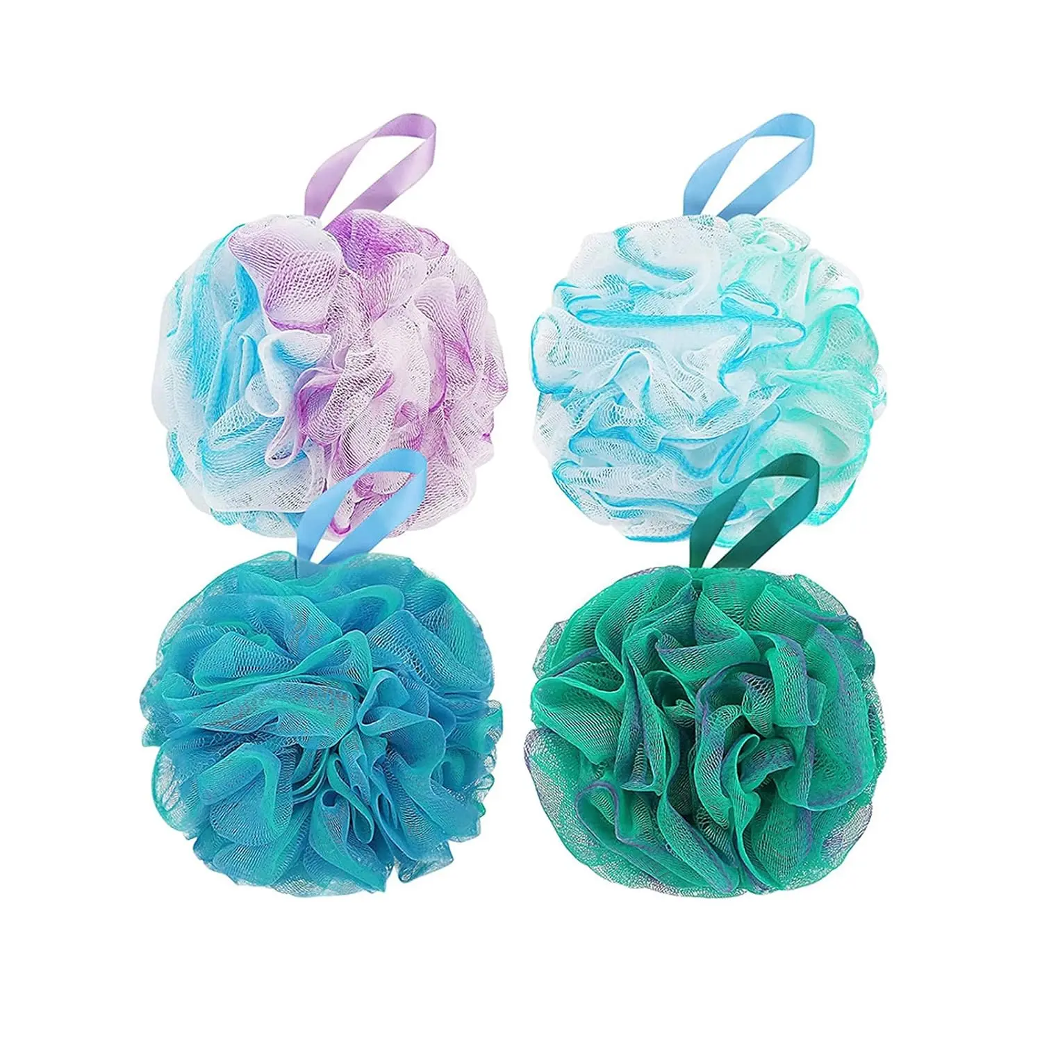 This set of four colorful bath shower sponges are designed with strong knotting for durability and effectively exfoliate the skin for a smoother, cleaner feel.
