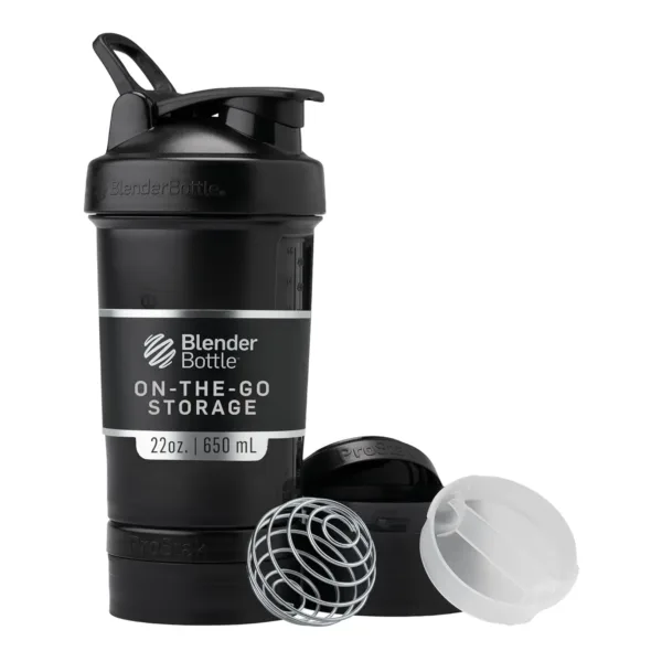 This midnight black BlenderBottle ProStak shaker bottle features interlocking jars for storing protein powder and pills, a secure lid with a flip cap, a BlenderBall whisk, and a convenient carry loop.