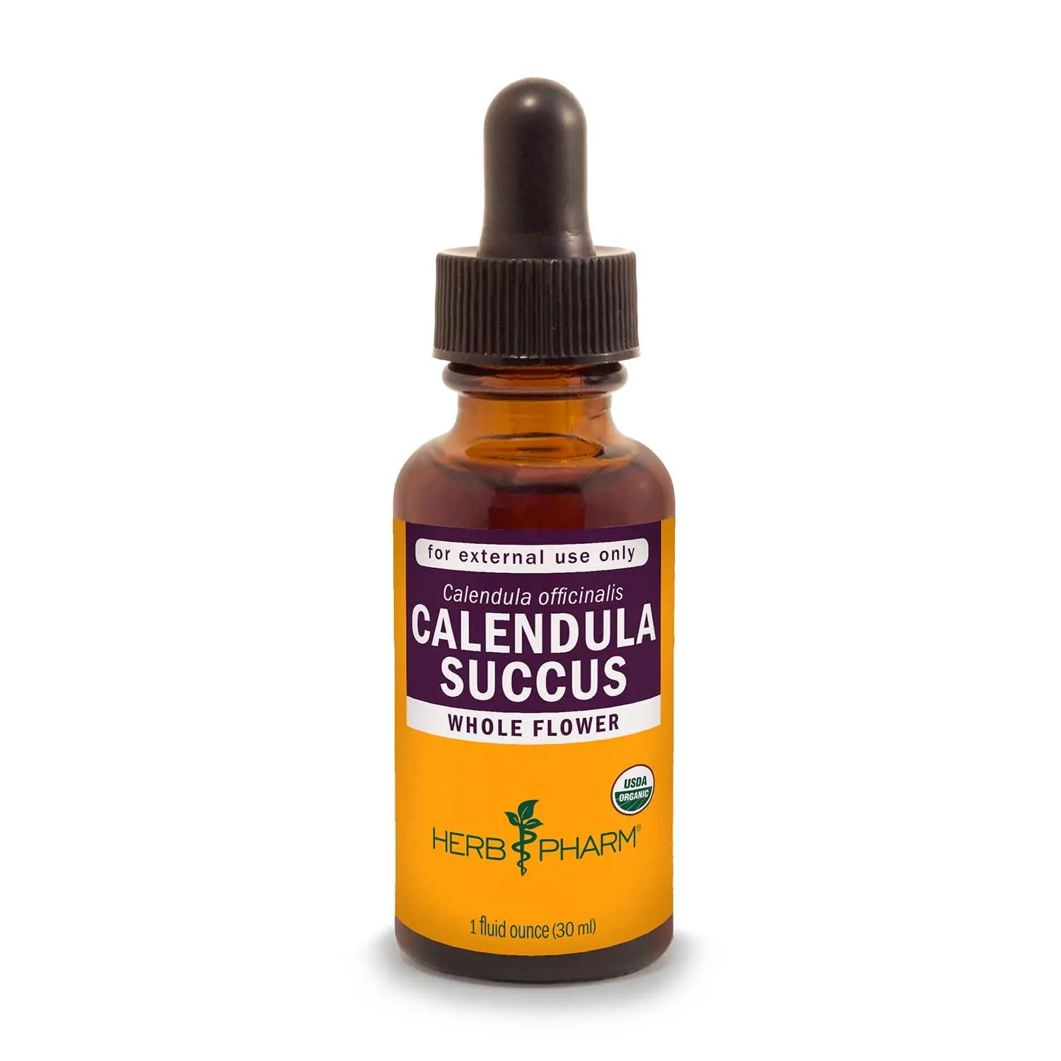 This is an image of Herb Pharm Certified Organic Calendula Succus Extract, a gluten-free and non-GMO topical solution prepared from freshly pressed organic calendula flowers for minor pain support, with herb potency assured through HPTLC analysis.