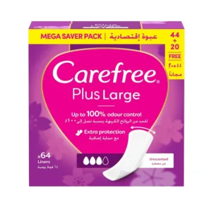 This image shows a pack of Carefree large, unscented panty liners designed for daily freshness and protection, featuring a soft-touch surface and perfect fit design for sensitive skin.