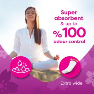 This image shows a pack of Carefree large, unscented panty liners designed for daily freshness and protection, featuring a soft-touch surface and perfect fit design for sensitive skin.