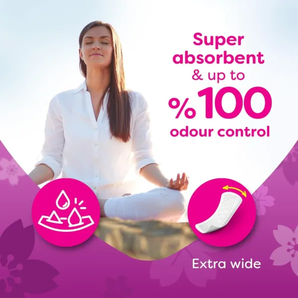 This image shows a pack of Carefree large, unscented panty liners designed for daily freshness and protection, featuring a soft-touch surface and perfect fit design for sensitive skin.