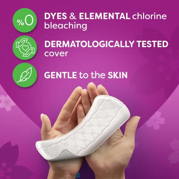 This image shows a pack of Carefree large, unscented panty liners designed for daily freshness and protection, featuring a soft-touch surface and perfect fit design for sensitive skin.