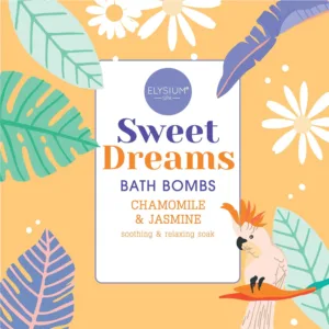 Elysium Spa Chamomile and Jasmine bath bombs create a soothing and relaxing bath experience for a restful sleep, releasing a calming fragrance into silky, bubble-free water.