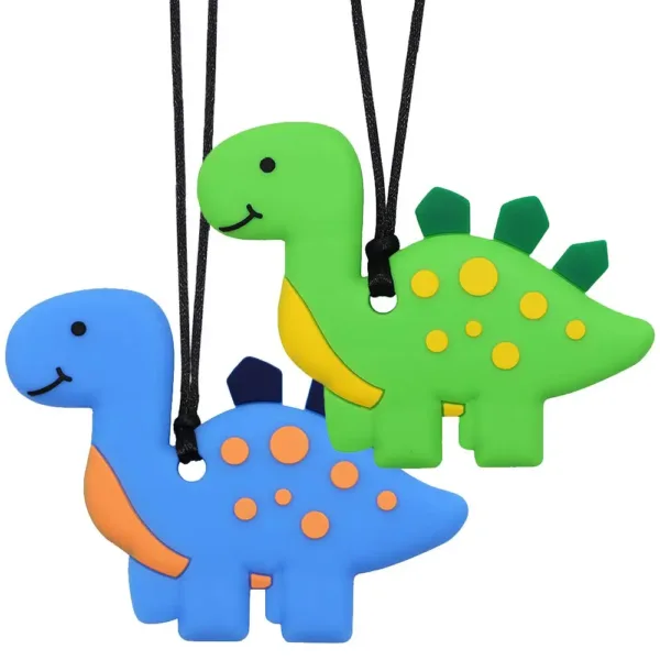A green dinosaur chew necklace made of safe silicone helps kids with ADHD, SPD, and sensory needs to focus and calm down.
