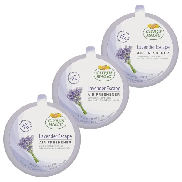 Three Citrus Magic Lavender Escape odor absorbing solid air fresheners eliminate odors in your home, leaving a calming lavender scent in the air.
