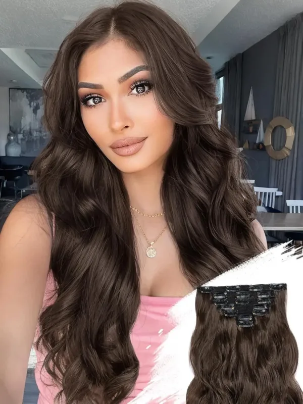 These 20-inch chocolate brown clip-in wavy hair extensions instantly add volume and length for a beautiful, natural-looking hairstyle suitable for any face shape.