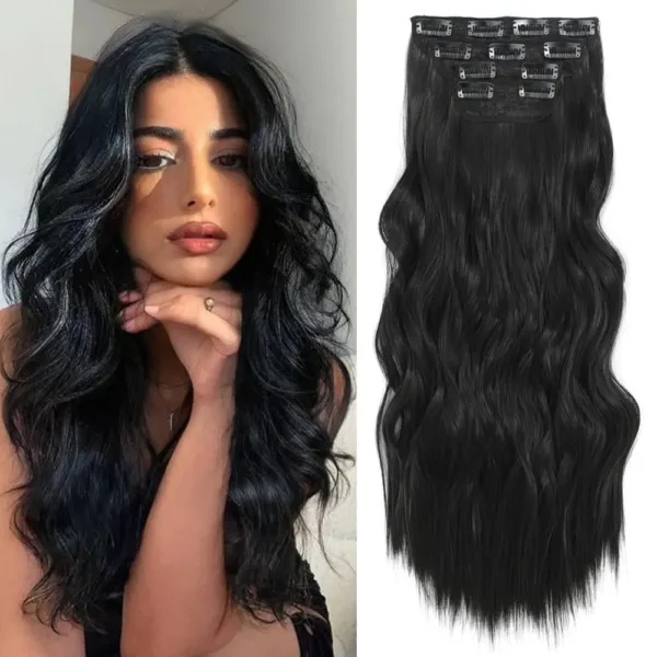 These clip in hair extensions are long, wavy and black, adding volume and length in minutes without damage.