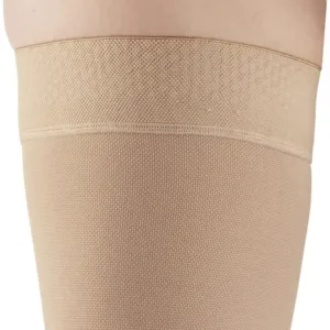 These Ames Walker black, open-toe thigh-high compression stockings provide 20-30 mmHg firm graduated support to relieve tired, aching legs and reduce mild varicosities, featuring a stay-up top band and made in the USA.
