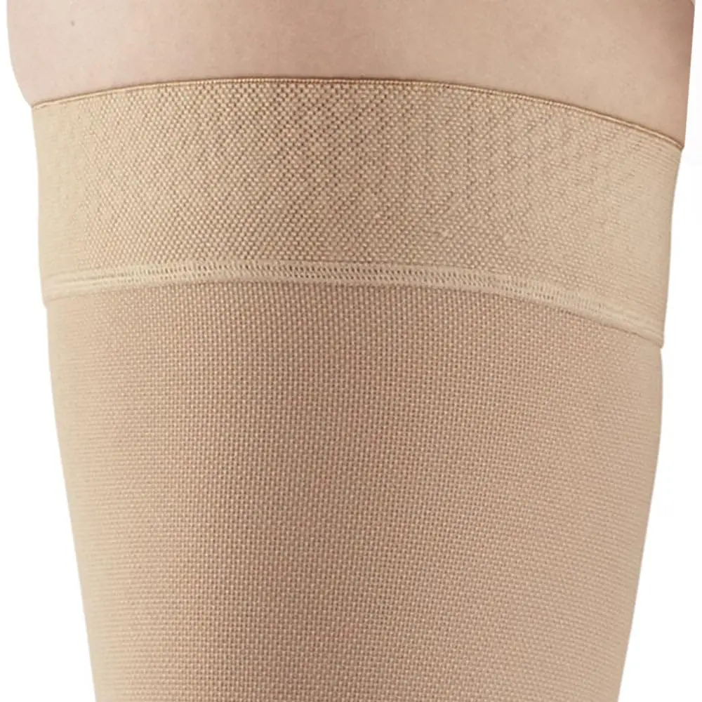 These Ames Walker black, open-toe thigh-high compression stockings provide 20-30 mmHg firm graduated support to relieve tired, aching legs and reduce mild varicosities, featuring a stay-up top band and made in the USA.