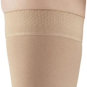 These Ames Walker black, open-toe thigh-high compression stockings provide 20-30 mmHg firm graduated support to relieve tired, aching legs and reduce mild varicosities, featuring a stay-up top band and made in the USA.