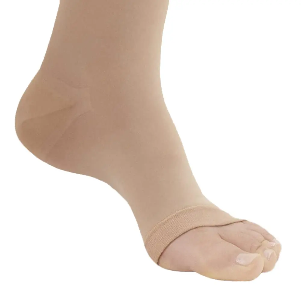 These Ames Walker black, open-toe thigh-high compression stockings provide 20-30 mmHg firm graduated support to relieve tired, aching legs and reduce mild varicosities, featuring a stay-up top band and made in the USA.