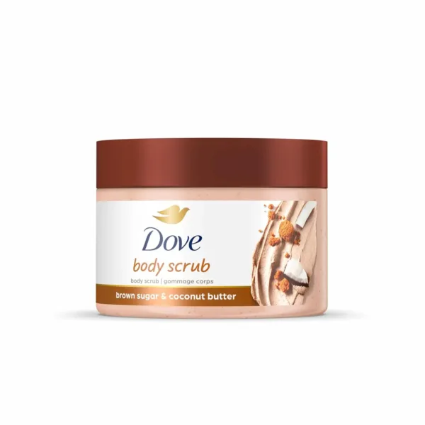 This is a jar of Dove Exfoliating Body Polish Brown Sugar and Coconut Butter, a cruelty-free body scrub that gently removes dry, dull skin and restores natural nutrients for silky smooth, radiant skin.