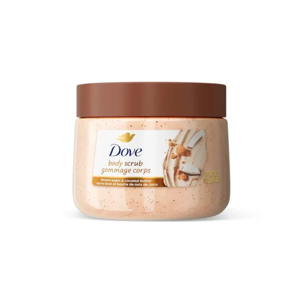 This image shows a 15 oz jar of Dove Brown Sugar and Coconut Butter Body Scrub, designed to gently exfoliate and nourish skin for a smooth, radiant feel.