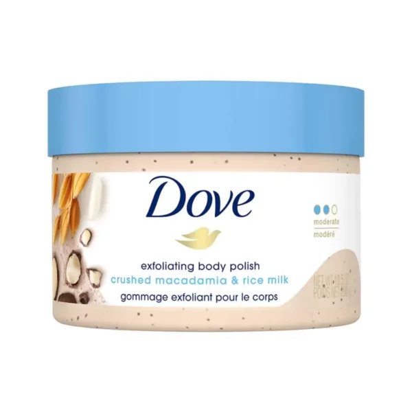 This Dove Macadamia and Rice Milk body scrub gently exfoliates to remove dry, dull skin, revealing smoother, radiant, and nourished skin with a comforting floral fragrance.