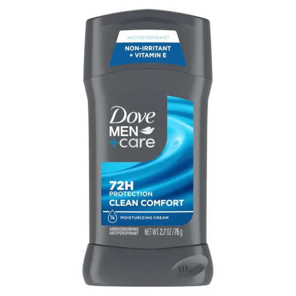 This is a Dove Men+Care Clean Comfort antiperspirant deodorant stick for men, offering 72-hour sweat and odor protection with Vitamin E and moisturizers for comfortable underarms.