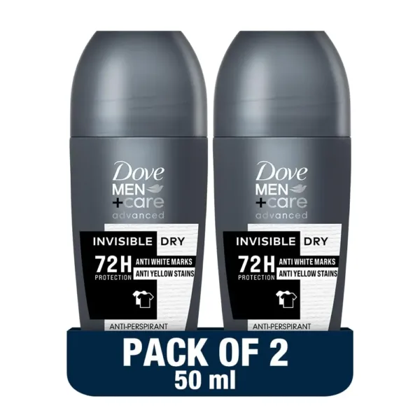 This is a pack of two Dove Men+Care Invisible Dry roll-on antiperspirant deodorants offering 72-hour sweat and odor protection with moisturizers and stain defense.