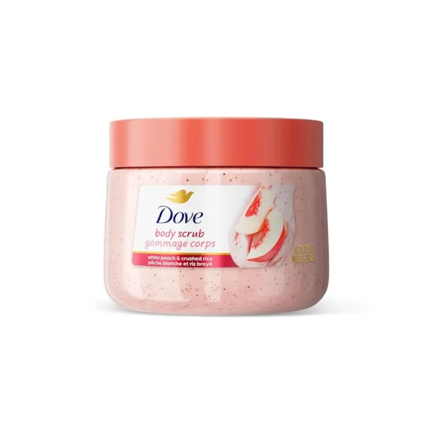This is a jar of Dove White Peach & Crushed Rice Body Scrub, a moisturizing and exfoliating treatment made with recycled materials for smooth, radiant skin.