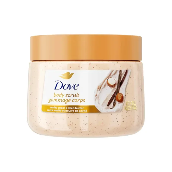 This is a 15 oz jar of Dove Vanilla Sugar and Shea Butter body scrub, designed to exfoliate, deeply nourish, and reveal smooth and radiant skin.