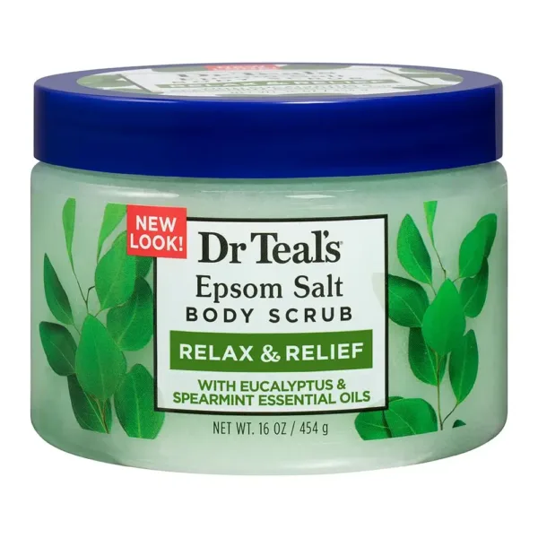 Dr. Teal's Eucalyptus & Spearmint Epsom Salt Body Scrub gently exfoliates skin with pure epsom salt, soothes with eucalyptus essential oil, and nourishes with shea butter and jojoba oil.