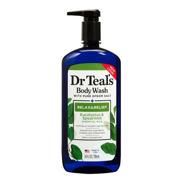 Dr Teal's Eucalyptus and Spearmint Epsom Salt Body Wash hydrates and moisturizes skin with aloe vera, shea butter, and vitamin E while revitalizing tired, achy muscles.