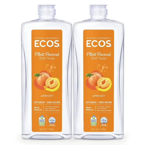 This set features two 25-ounce bottles of Earth Friendly Products ECOS Dishmate dish liquid, made with coconut-based surfactants and a natural apricot fragrance, providing an earth-friendly dishwashing solution.