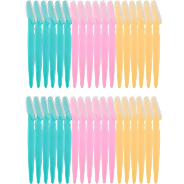 This set includes 36 ILLUVA eyebrow razors in blue, pink, and yellow, designed for safe and painless facial hair removal, dermaplaning, and exfoliating the skin for both women and men.