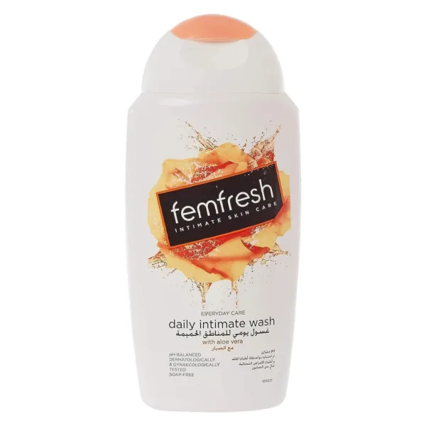 A bottle of FemFresh Intimate Wash with aloe vera, a gentle and soap-free daily cleanser formulated to maintain the natural pH balance of your intimate area and keep your skin refreshed.