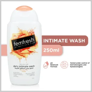 A bottle of FemFresh Intimate Wash with aloe vera, a gentle and soap-free daily cleanser formulated to maintain the natural pH balance of your intimate area and keep your skin refreshed.