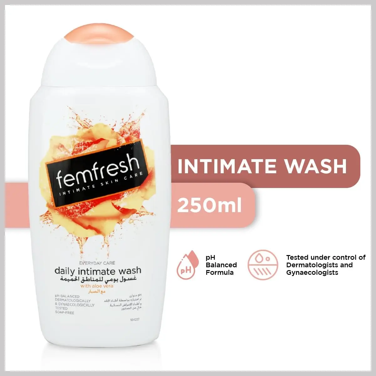 A bottle of FemFresh Intimate Wash with aloe vera, a gentle and soap-free daily cleanser formulated to maintain the natural pH balance of your intimate area and keep your skin refreshed.
