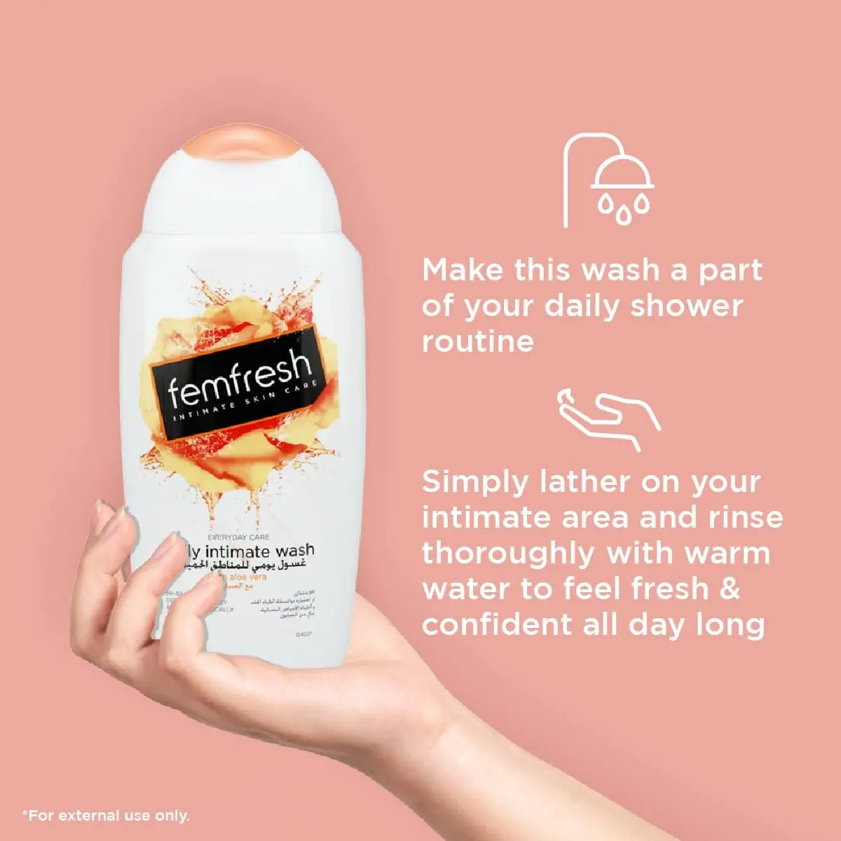 A bottle of FemFresh Intimate Wash with aloe vera, a gentle and soap-free daily cleanser formulated to maintain the natural pH balance of your intimate area and keep your skin refreshed.