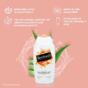 A bottle of FemFresh Intimate Wash with aloe vera, a gentle and soap-free daily cleanser formulated to maintain the natural pH balance of your intimate area and keep your skin refreshed.