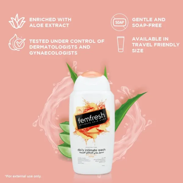 A bottle of FemFresh Intimate Wash with aloe vera, a gentle and soap-free daily cleanser formulated to maintain the natural pH balance of your intimate area and keep your skin refreshed.
