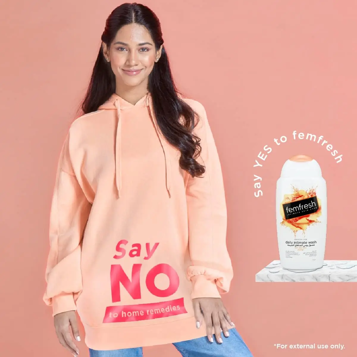 A bottle of FemFresh Intimate Wash with aloe vera, a gentle and soap-free daily cleanser formulated to maintain the natural pH balance of your intimate area and keep your skin refreshed.